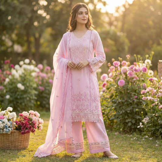 19257 Beautiful embroidered suit with lace detailing