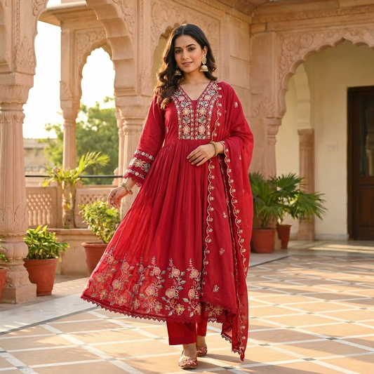 19464 /CMD 57463 Premium Mul cotton anarkali with full embroidery