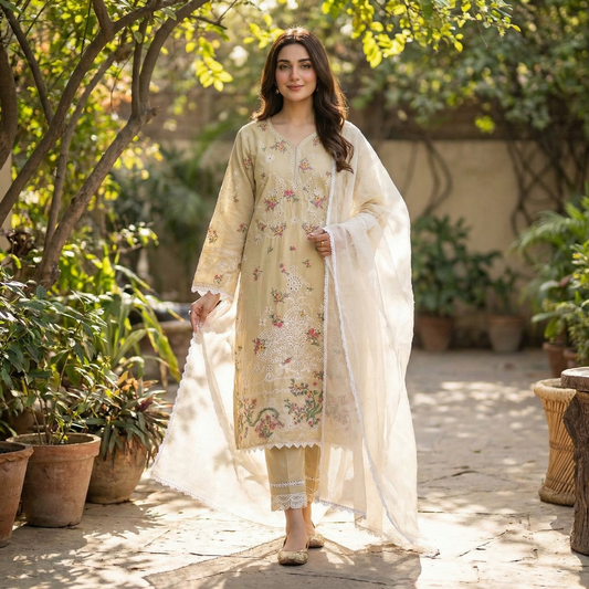 19347 Beautiful floral embroidered Cotton suit