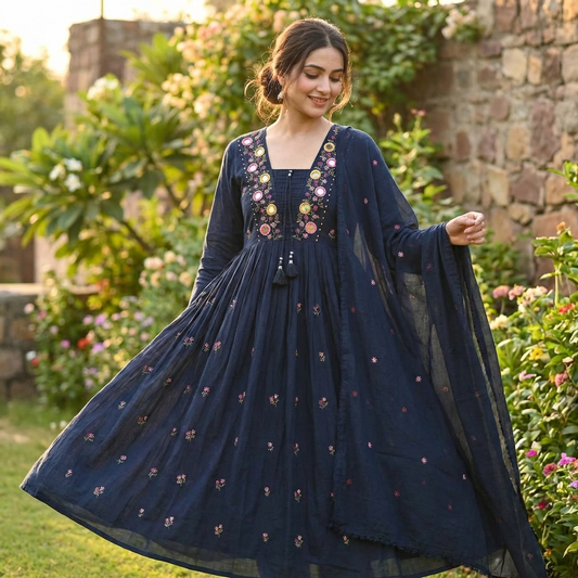 19331 Beautiful embroidered mul cotton anarkali