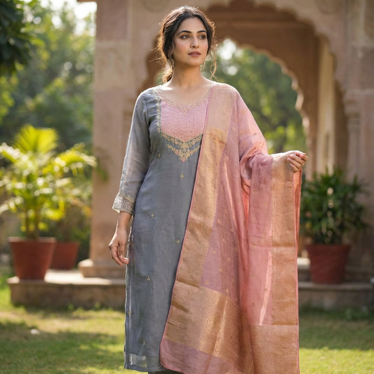 19357 Beautiful soft tissue silk suit with banarasi dupatta