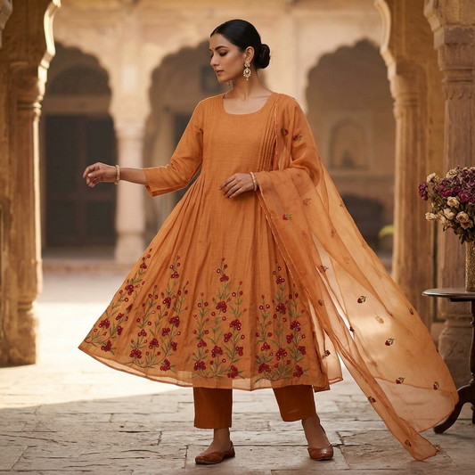 19843 Beautiful embroidered mul chanderi suit