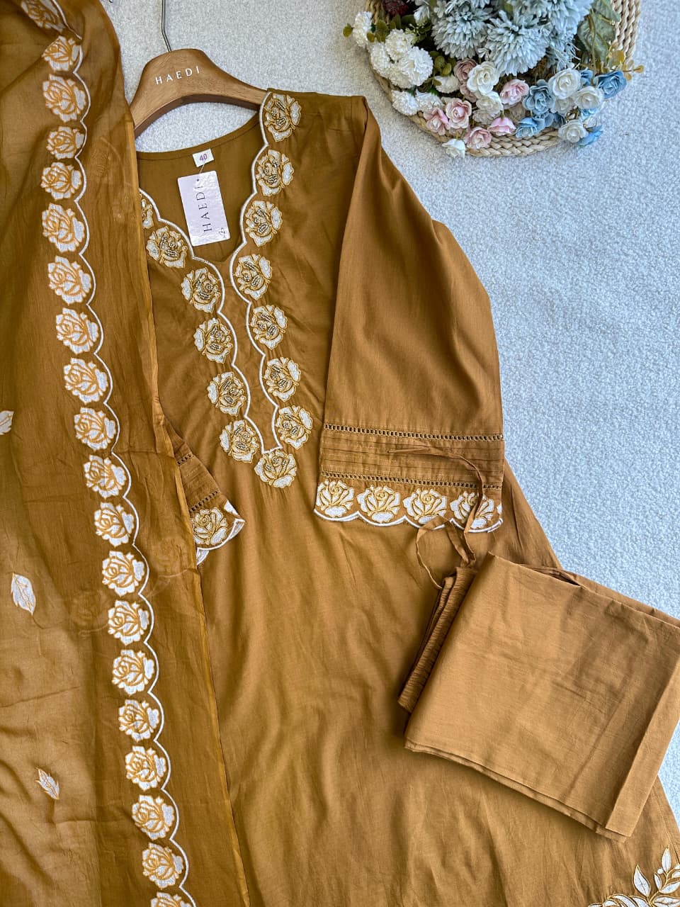 19253 Cotton applique worked suit