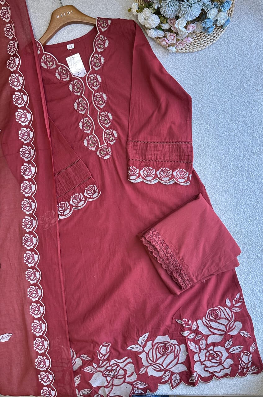 19253 Cotton applique worked suit