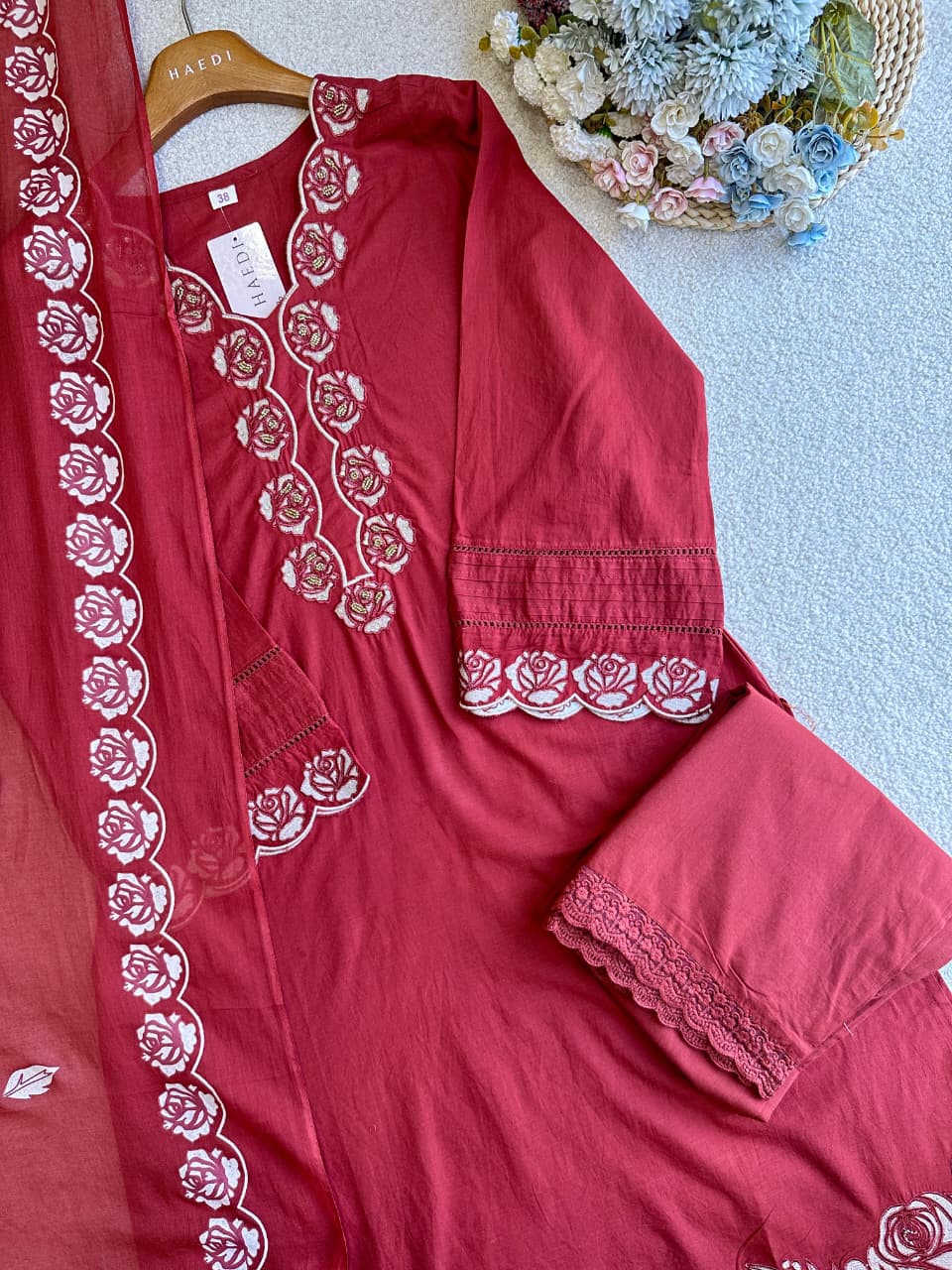 19253 Cotton applique worked suit