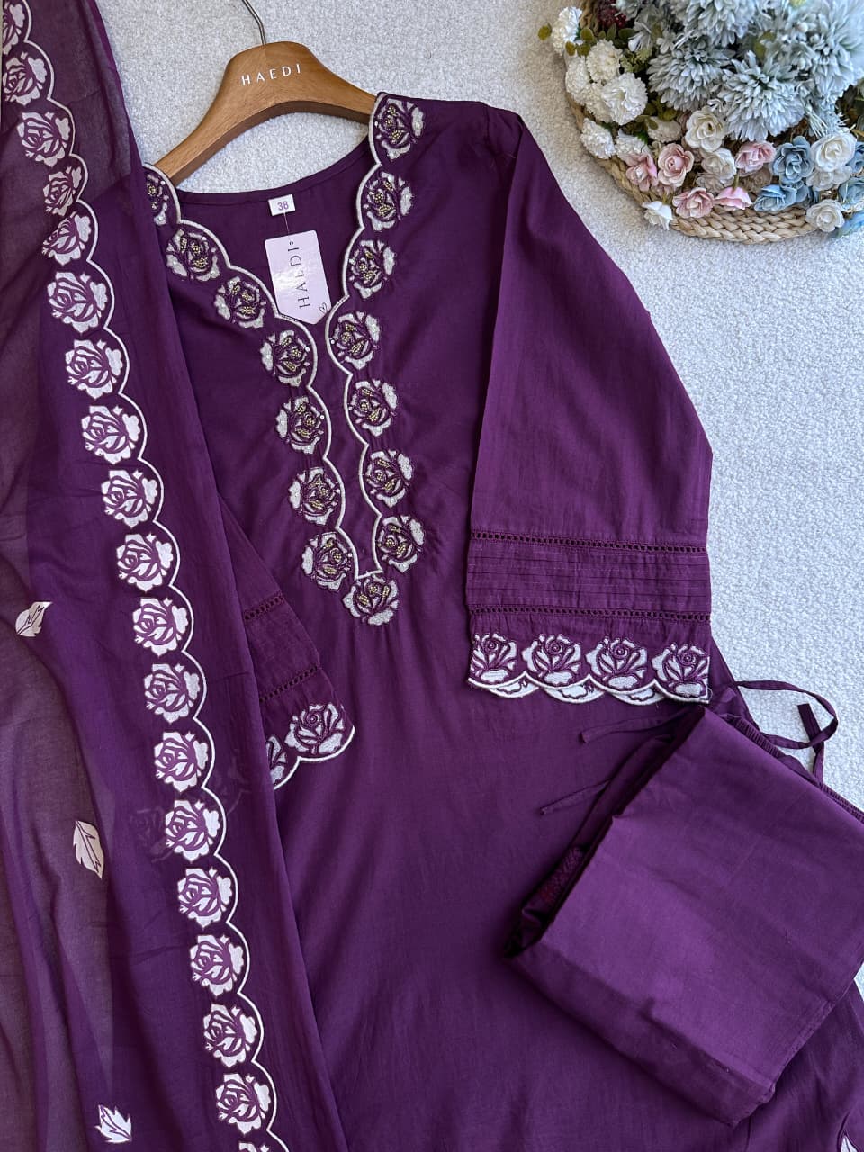19253 Cotton applique worked suit