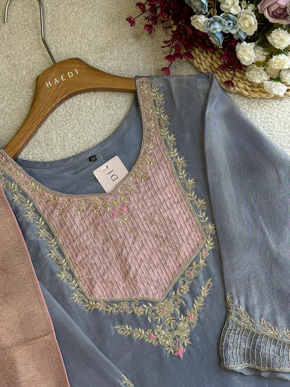 19357 Beautiful soft tissue silk suit with banarasi dupatta