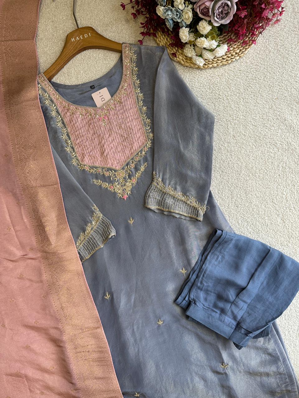 19357 Beautiful soft tissue silk suit with banarasi dupatta