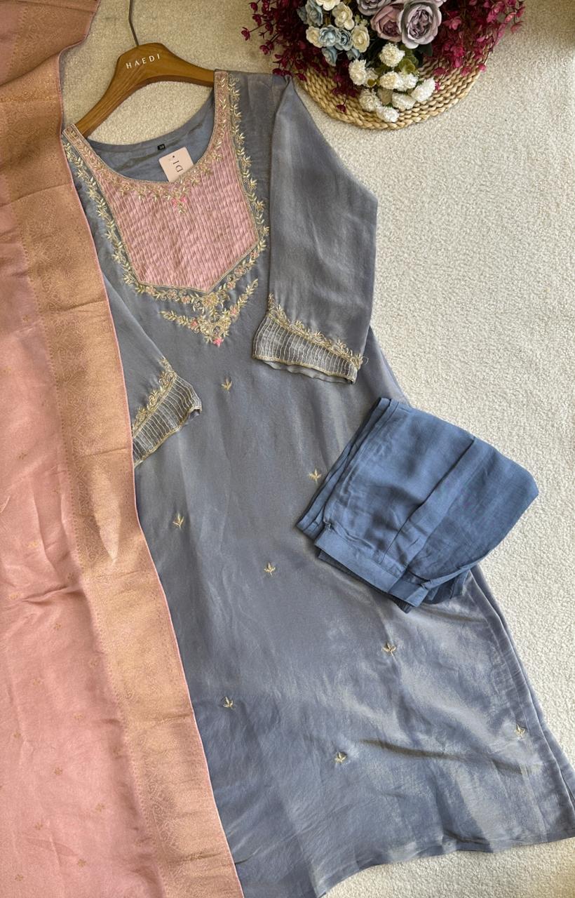 19357 Beautiful soft tissue silk suit with banarasi dupatta