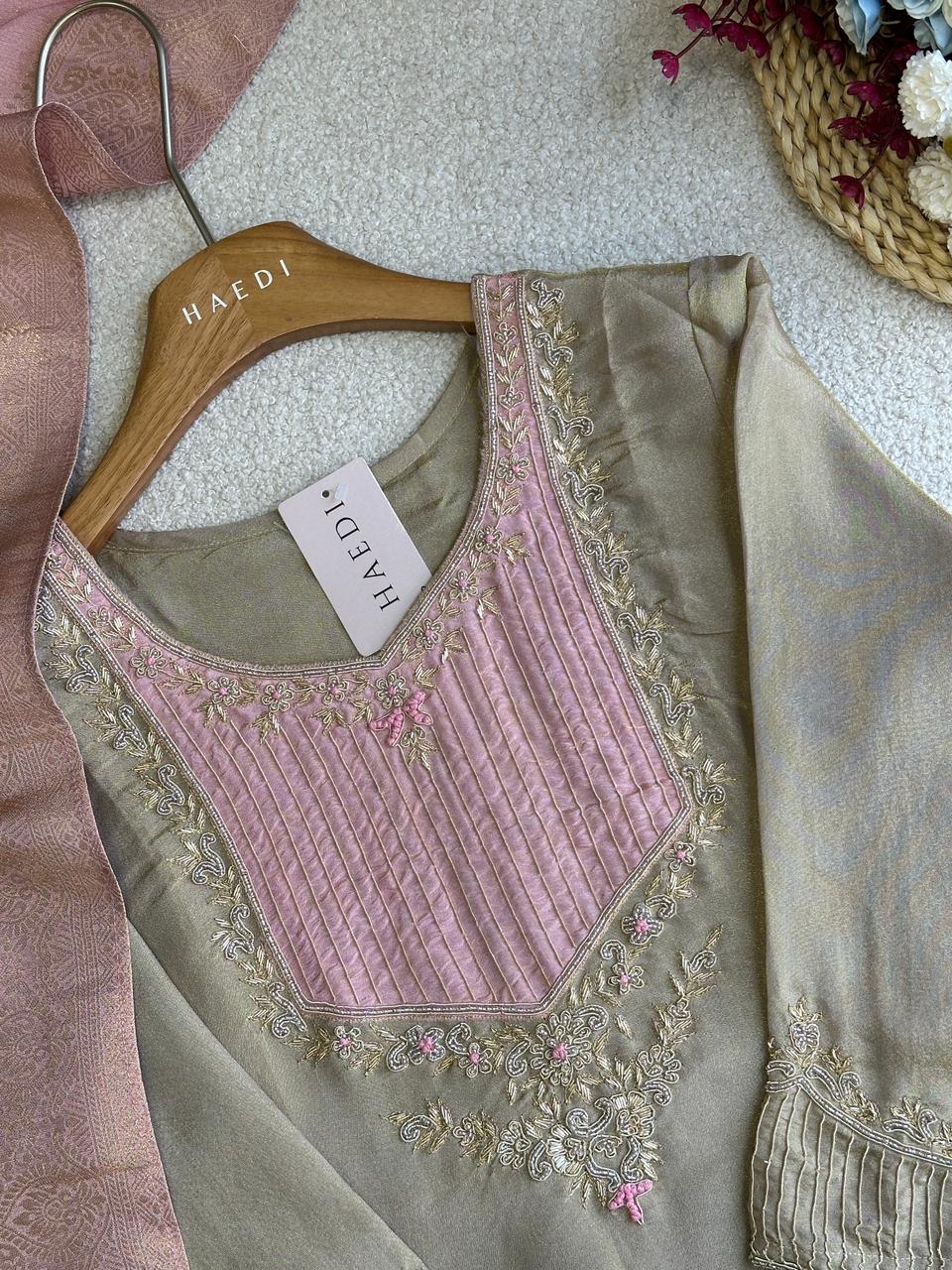 19357 Beautiful soft tissue silk suit with banarasi dupatta