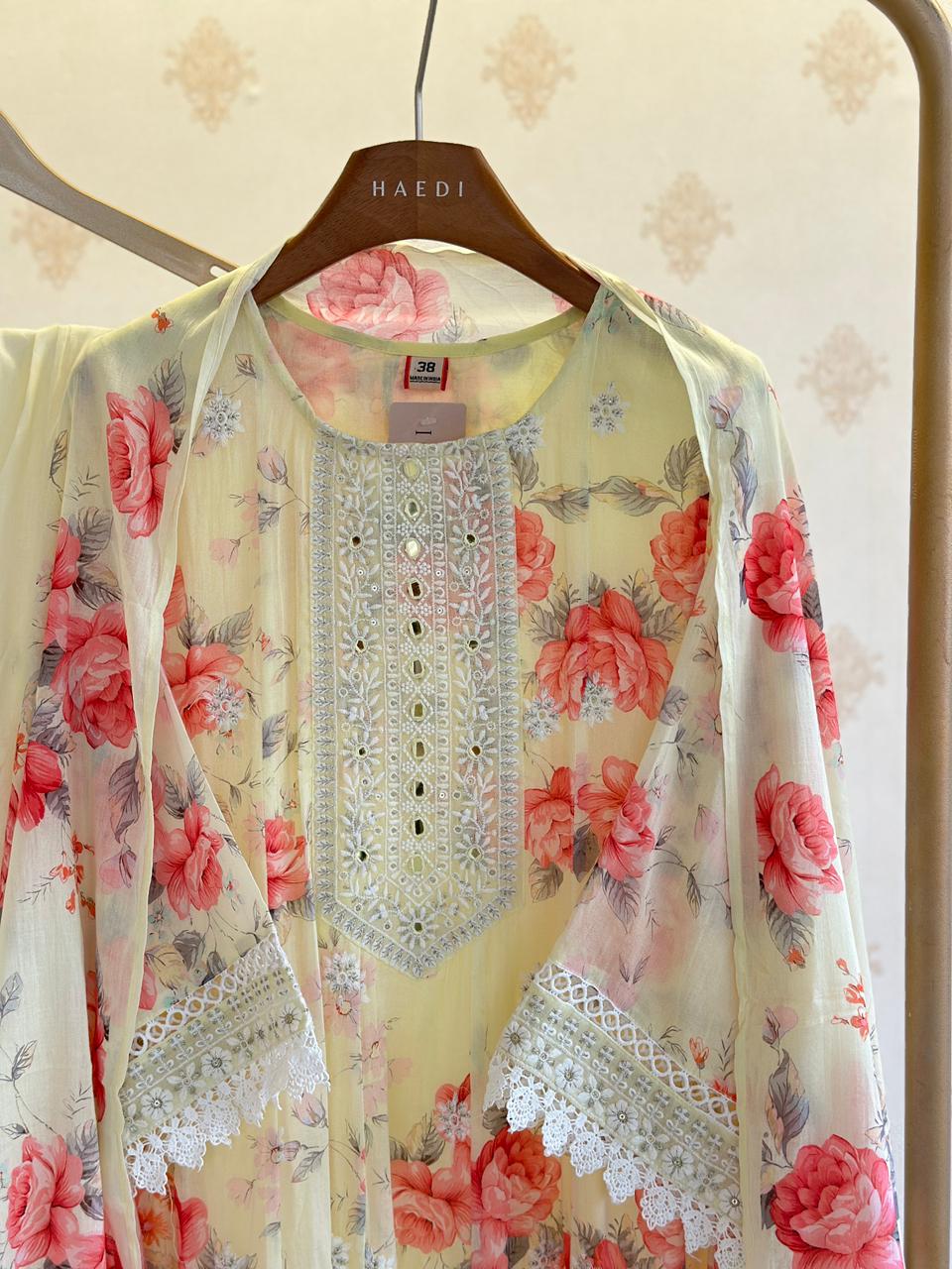 Beautiful  floral mul cotton anarkali with Lace detailing