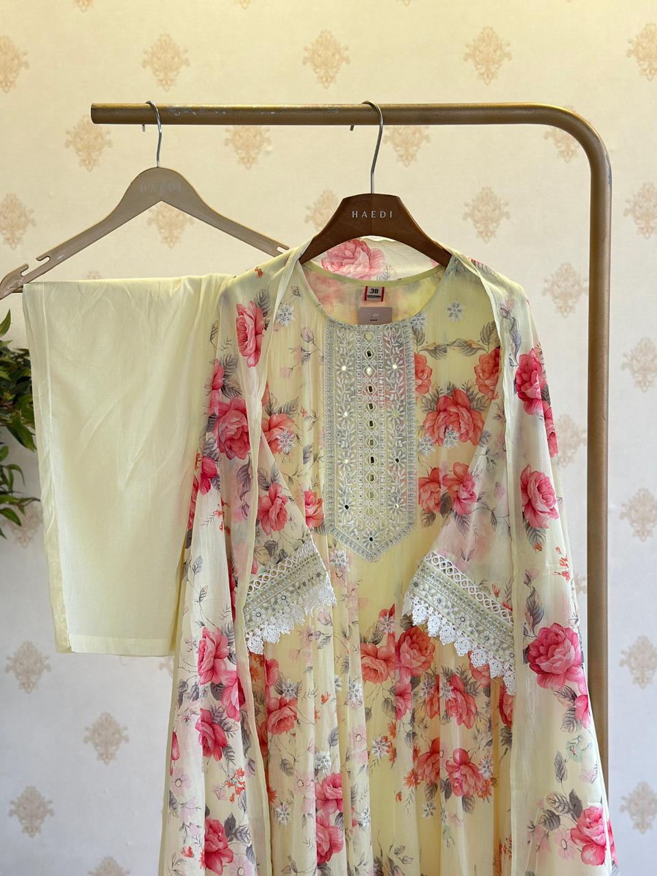 Beautiful  floral mul cotton anarkali with Lace detailing