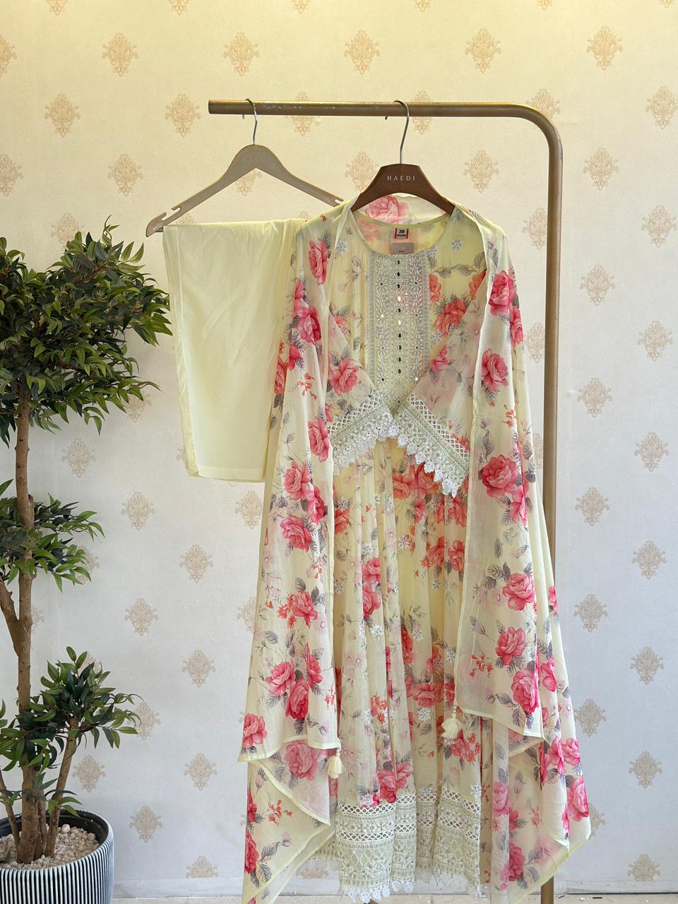 Beautiful  floral mul cotton anarkali with Lace detailing