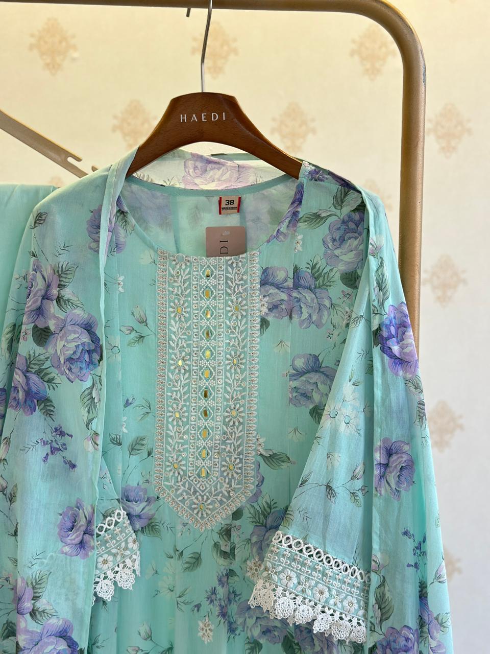 Beautiful  floral mul cotton anarkali with Lace detailing