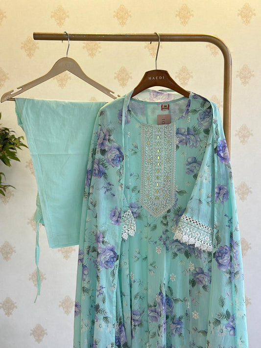 Beautiful  floral mul cotton anarkali with Lace detailing