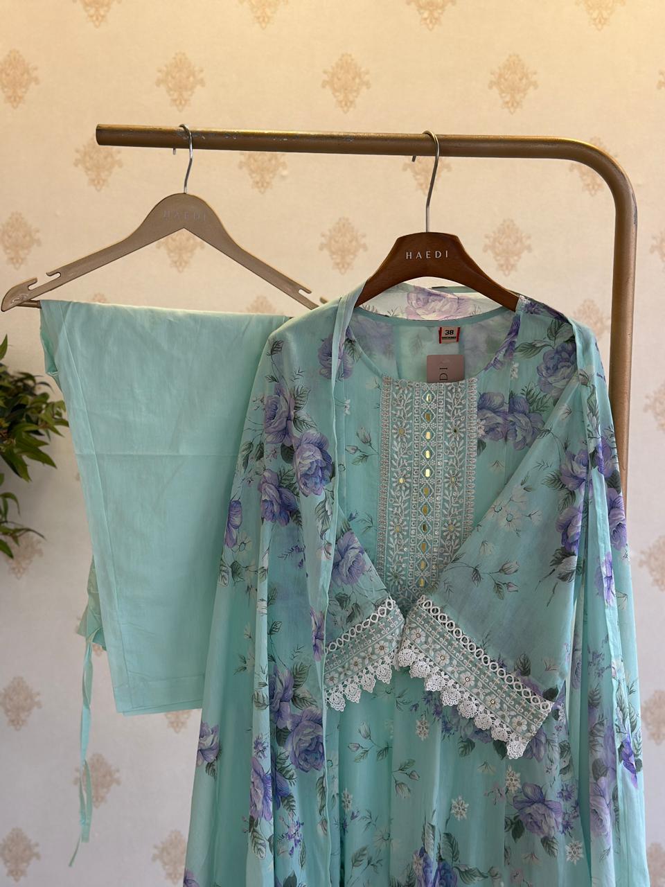 Beautiful  floral mul cotton anarkali with Lace detailing