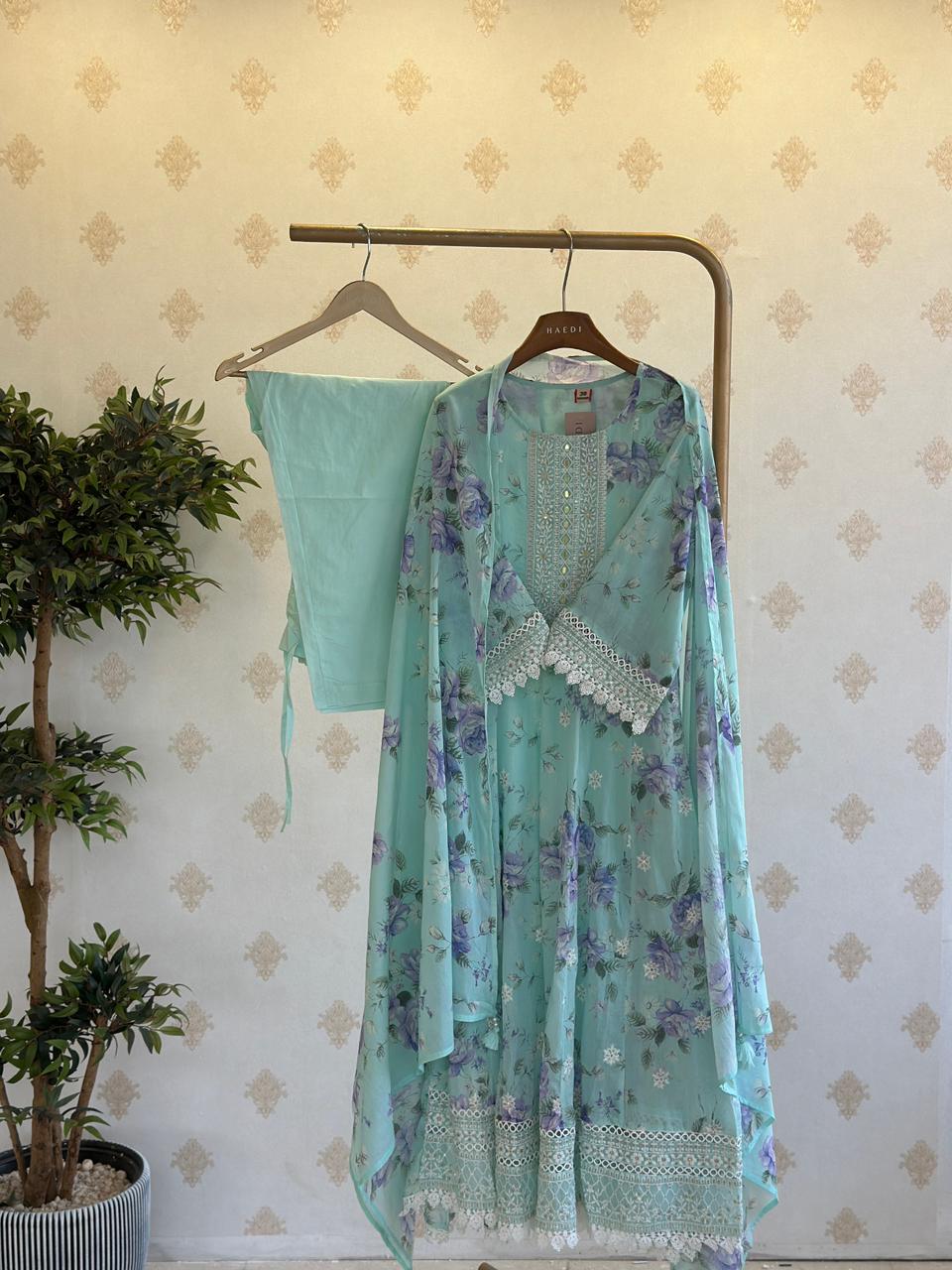 Beautiful  floral mul cotton anarkali with Lace detailing