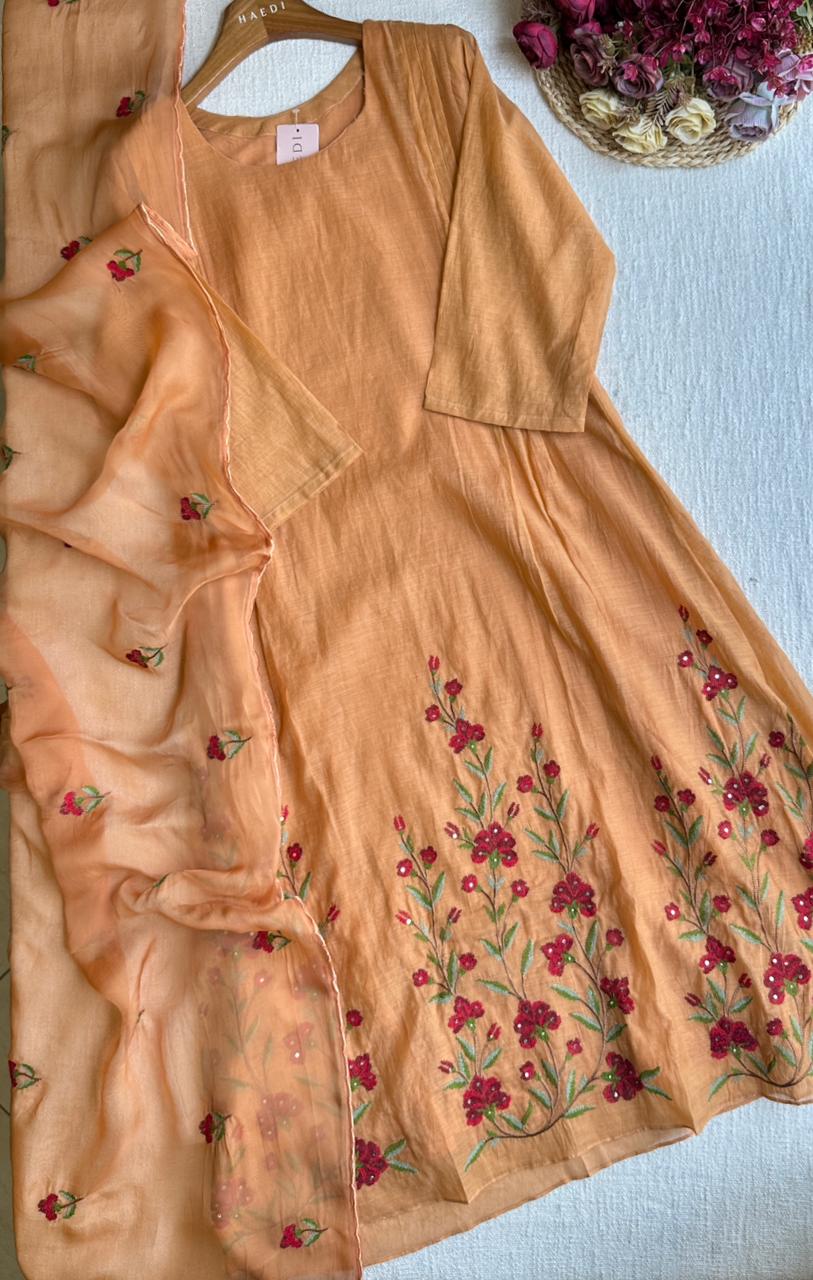19843 Beautiful embroidered mul chanderi suit