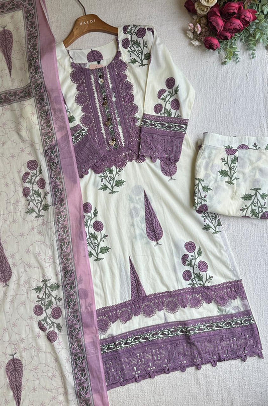 20192 apremium cotton suit with lace