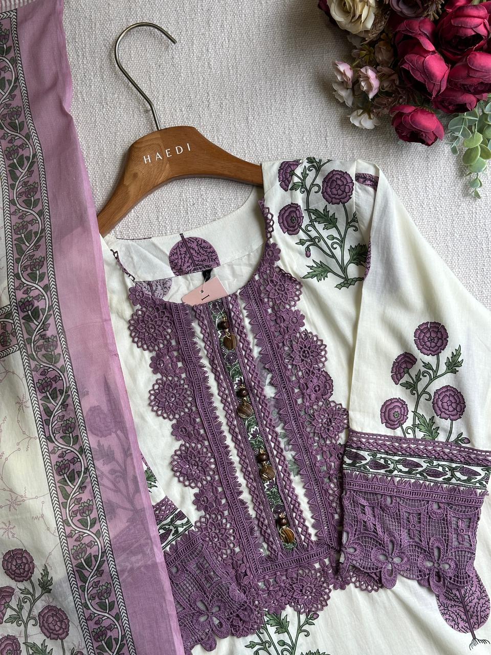 20192 apremium cotton suit with lace