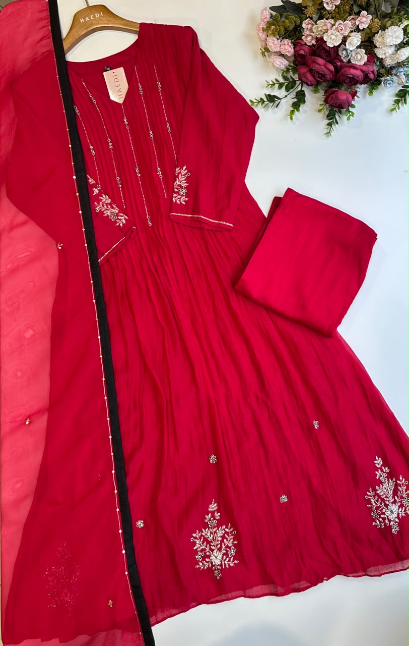 20894 Premium malai chanderi suit with handwork detailing