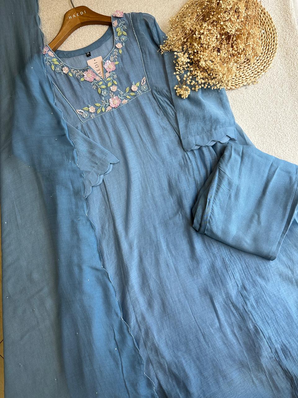 19066 Beautiful handworked Mul chanderi suit