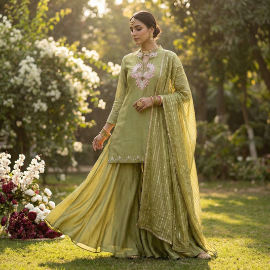 19363 Premium tisuue silk sharara suit