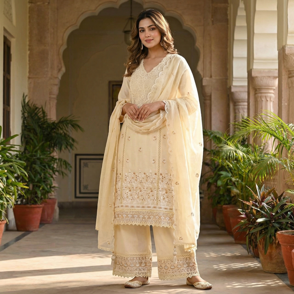 19257 Beautiful embroidered suit with lace detailing