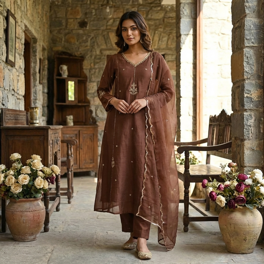 19917 Beautiful handworked malai chanderi suit