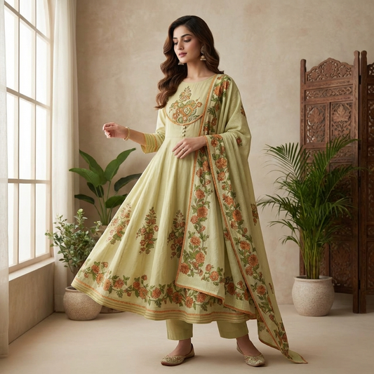19699 Premium cotton anarkali with handwork
