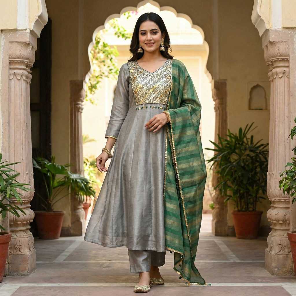 19367 Beautiful tissue silk anarkali
