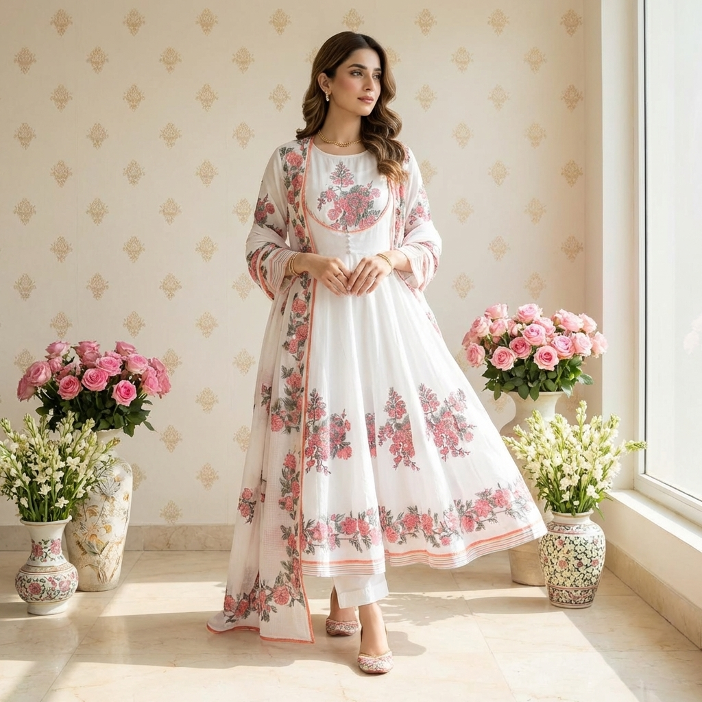 19699 Premium cotton anarkali with handwork