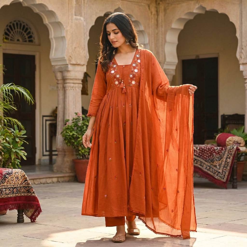 19331 Beautiful embroidered mul cotton anarkali