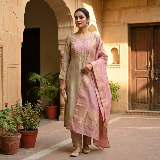 19357 Beautiful soft tissue silk suit with banarasi dupatta
