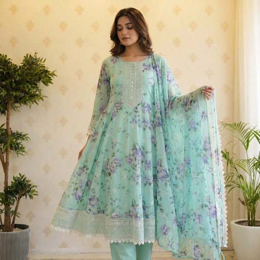 Beautiful  floral mul cotton anarkali with Lace detailing
