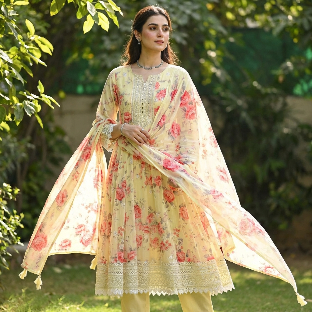 Beautiful  floral mul cotton anarkali with Lace detailing