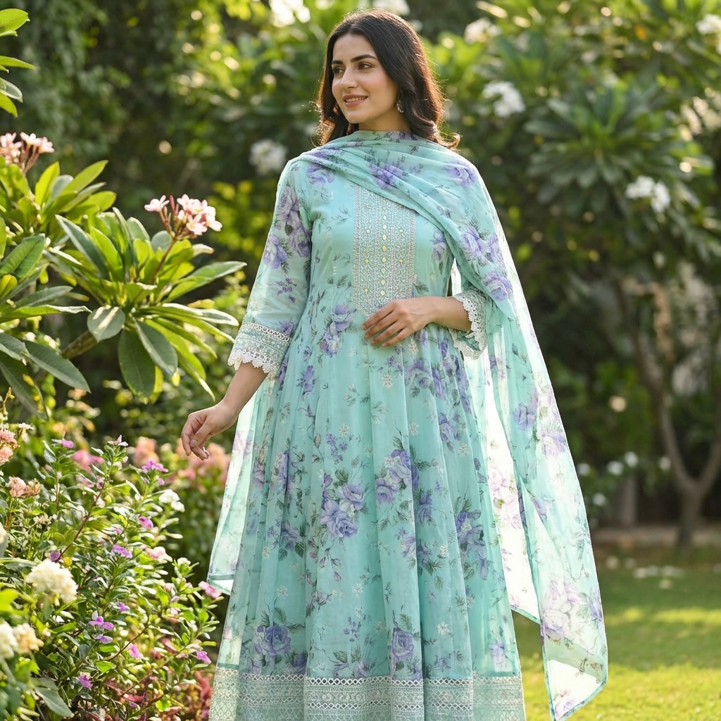 Beautiful  floral mul cotton anarkali with Lace detailing