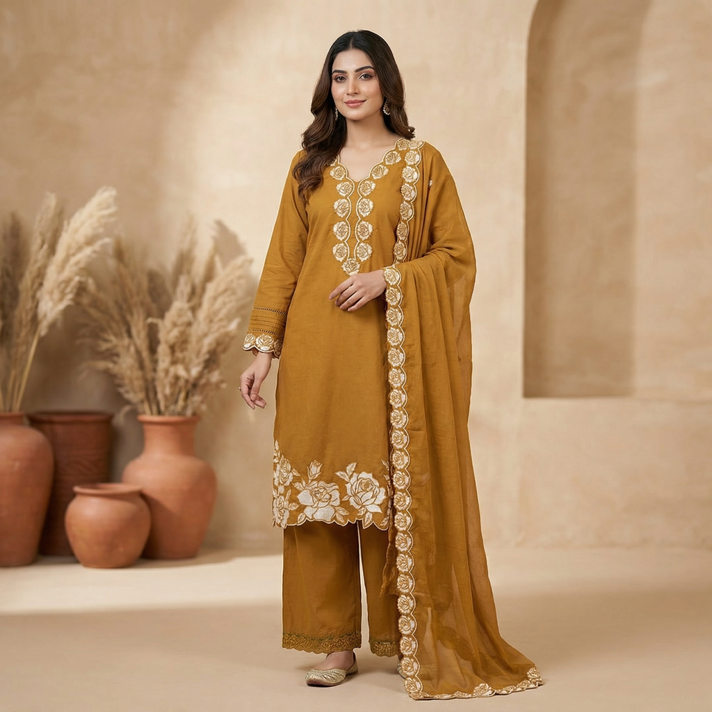 19253 Cotton applique worked suit