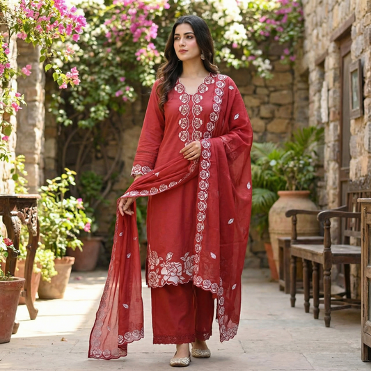 19253 Cotton applique worked suit
