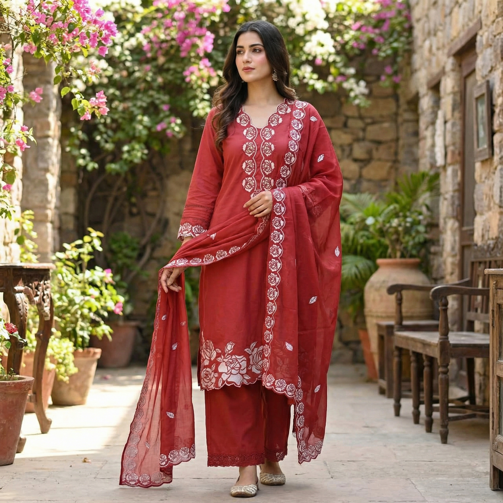19253 Cotton applique worked suit
