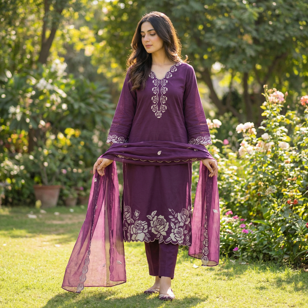 19253 Cotton applique worked suit