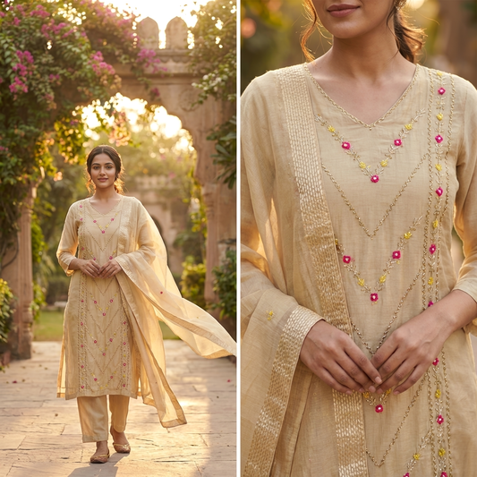 19844 Premium handworked malai chanderi suit