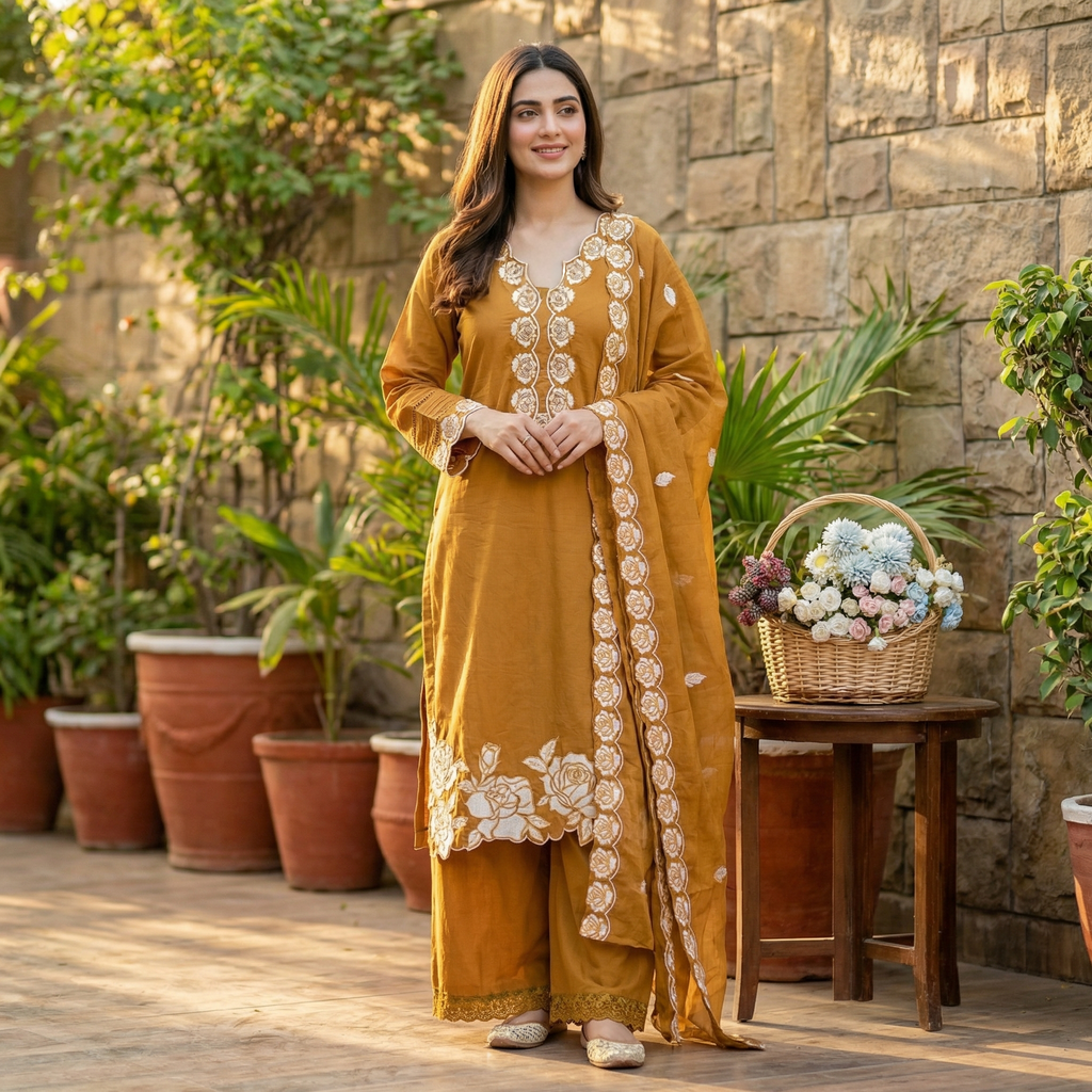 19253 Cotton applique worked suit