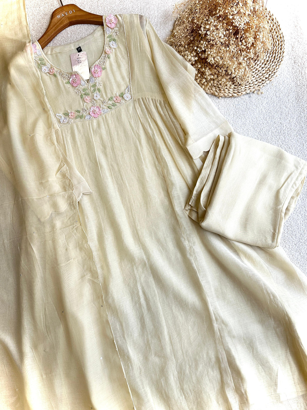 19066 Beautiful handworked Mul chanderi suit